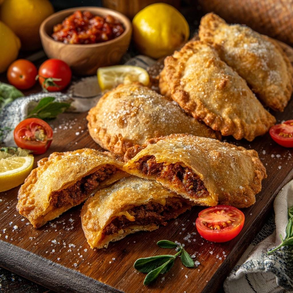 Goldbraune Rindfleisch Empanadas angeschnitten, die ihre herzhafte Füllung offenbaren, serviert auf einem Holzbrett mit Tomaten.