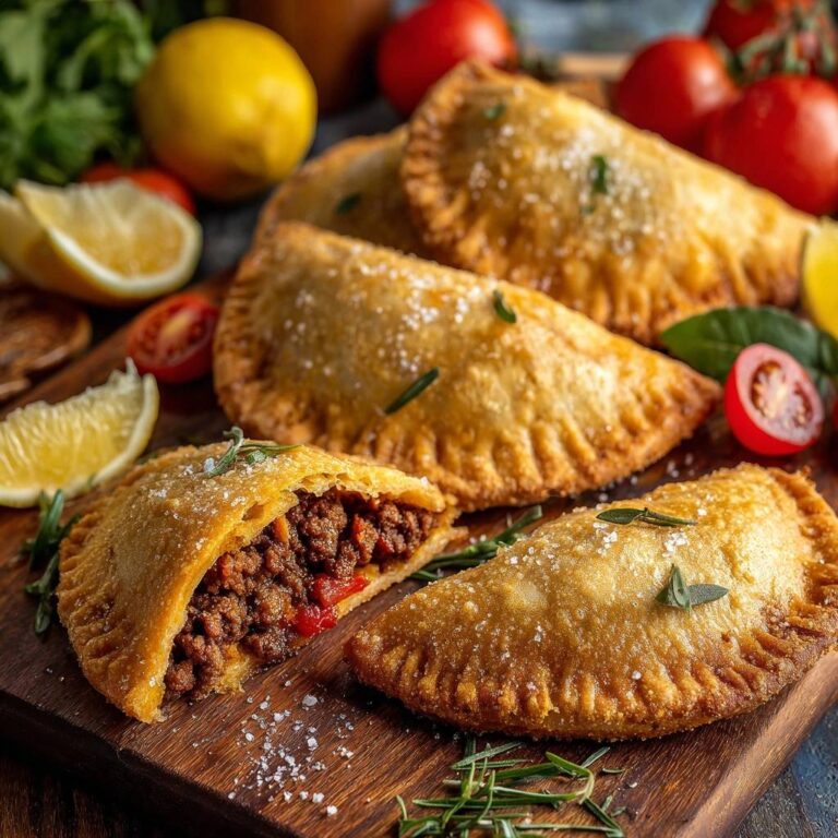 Goldbraune Rindfleisch Empanadas, eine davon angeschnitten und mit herzhafter Fleischfüllung sichtbar, garniert mit Rosmarin.