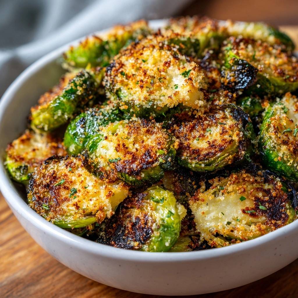 Parmesan-Rosenkohl aus dem Ofen mit knuspriger Panade, detailreiche Nahaufnahme der überbackenen Röschen.