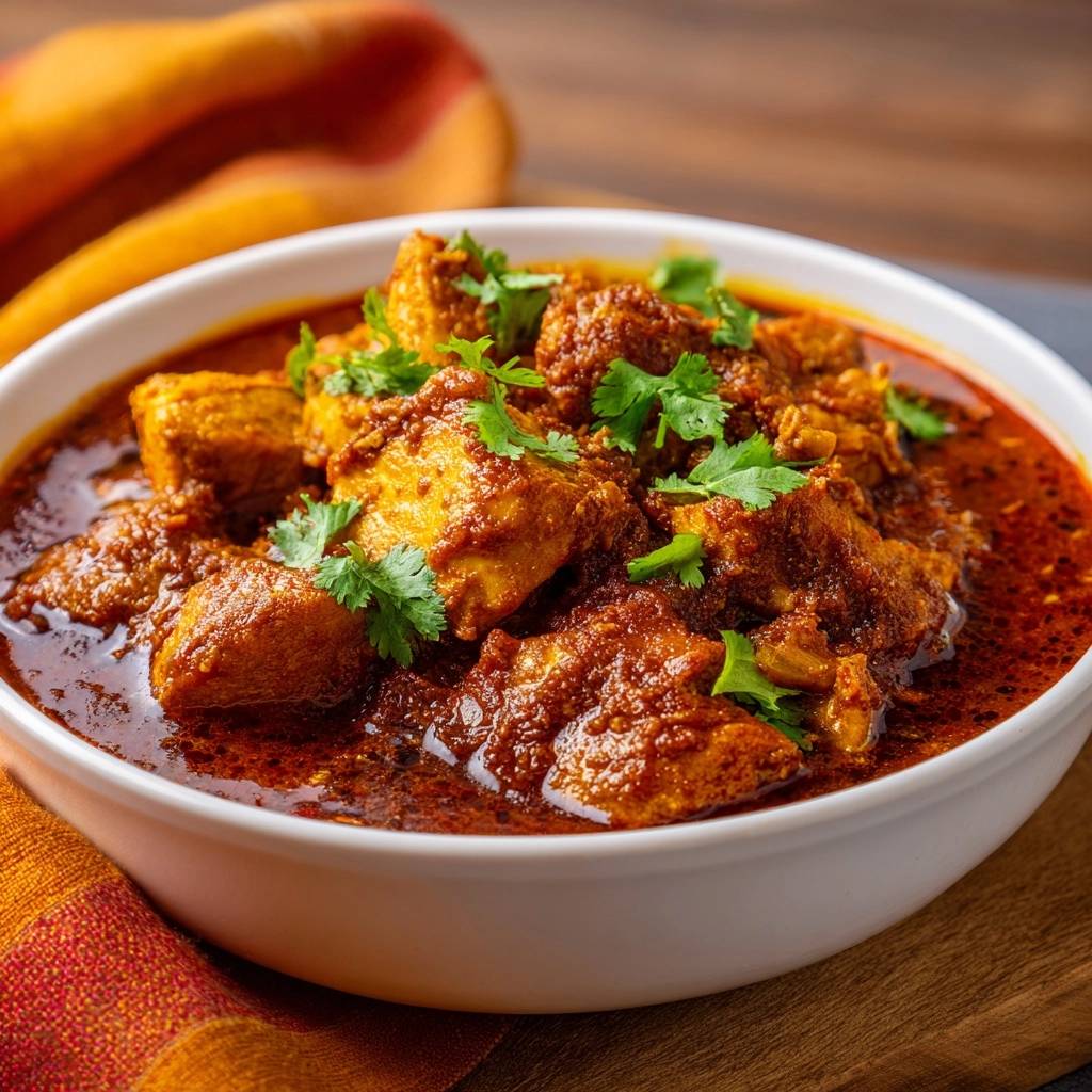 Aromatisches Rotes Hähnchen Curry, eine Schüssel mit saftigen Hähnchenstücken in einer reichhaltigen roten Sauce, garniert mit frischem Koriander.