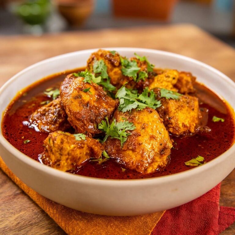 Aromatisches Rotes Hähnchen Curry mit Koriander garniert in einer Schüssel, Nahaufnahme der Textur