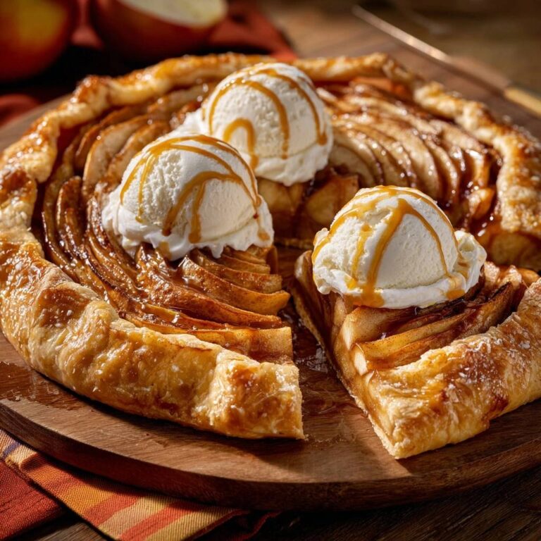 Rustikale Apfel-Galette mit Karamell, angeschnitten und mit drei Kugeln Vanilleeis und Karamellsauce garniert.