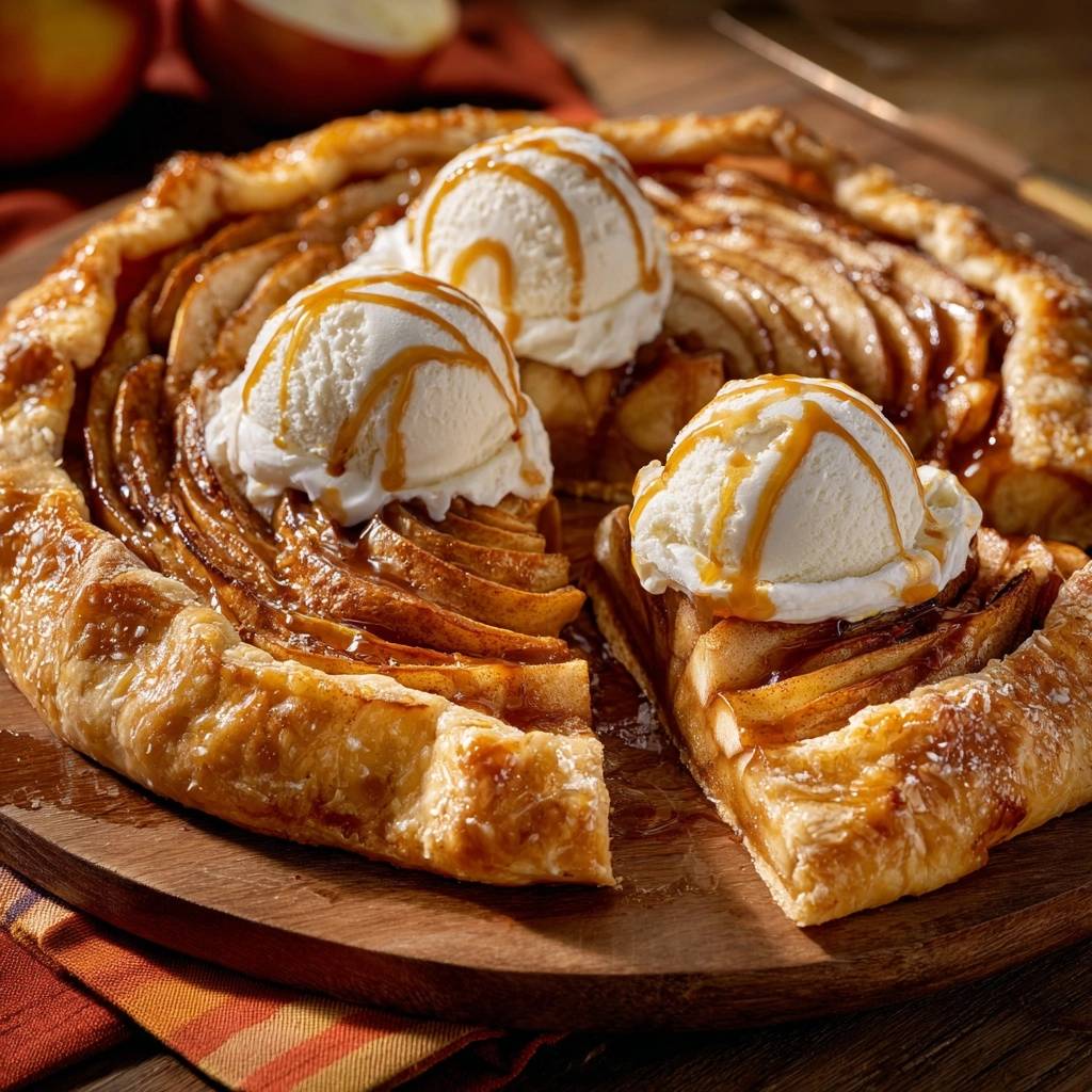 Rustikale Apfel-Galette mit Karamell, angeschnitten und mit drei Kugeln Vanilleeis und Karamellsauce garniert.
