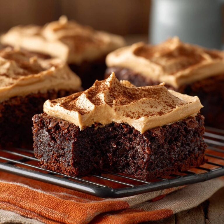Saftige Schokoladen-Brownies mit Erdnussbutter-Frosting, nah aufgenommen auf einem Kühlgitter mit Kakaopulver bestäubt.