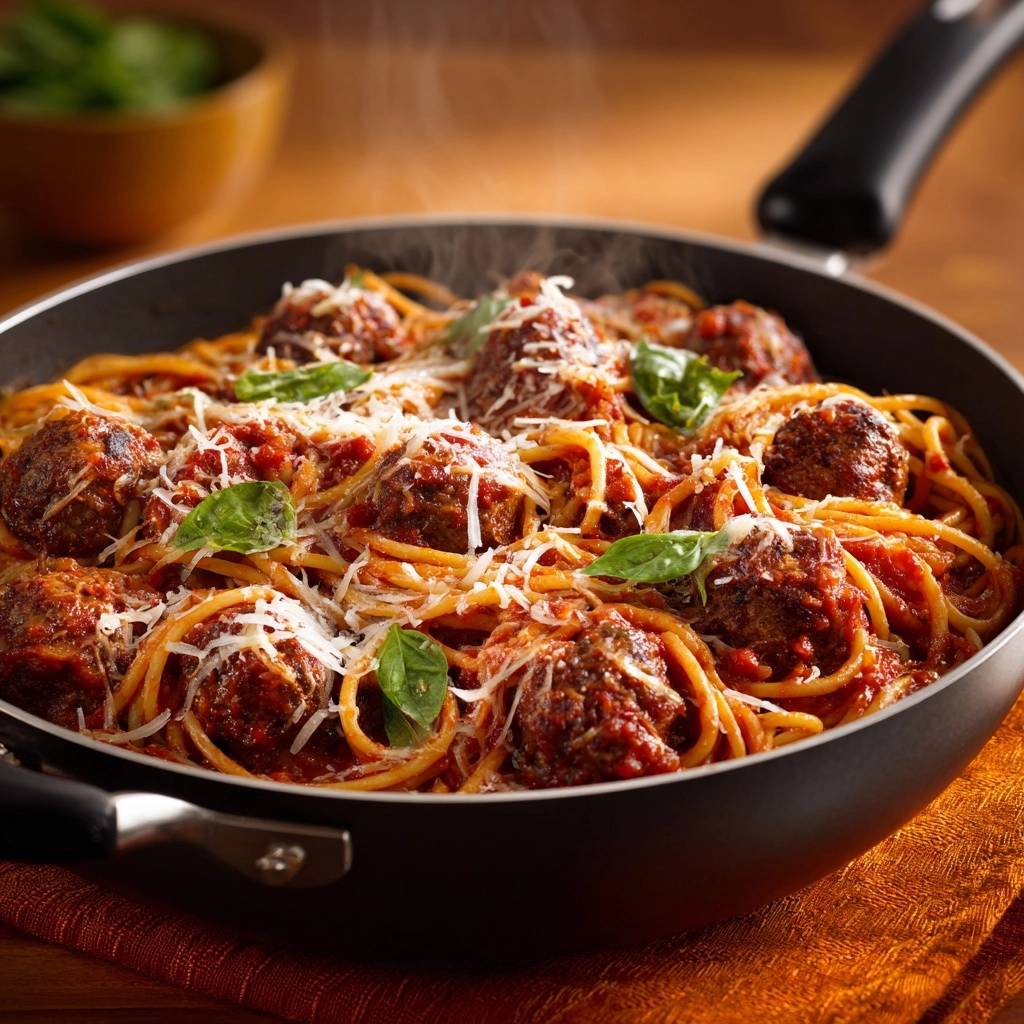 Saftige Spaghetti mit Fleischbällchen in einer Pfanne, mit geriebenem Parmesan und frischem Basilikum garniert, dampfen heiß.