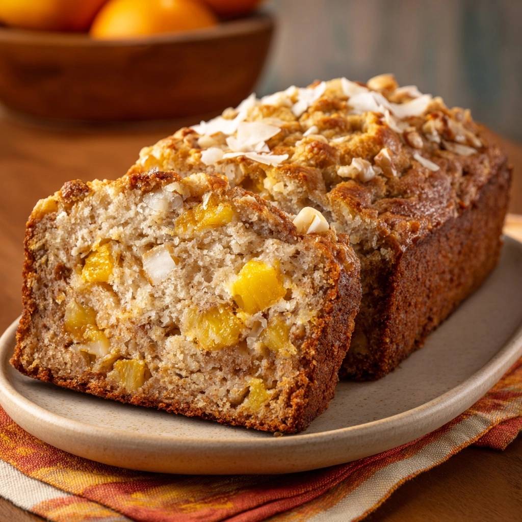 Saftiger Kokos-Ananas-Kuchen angeschnitten, zeigt das Innere mit Ananasstücken und Kokosraspeln.