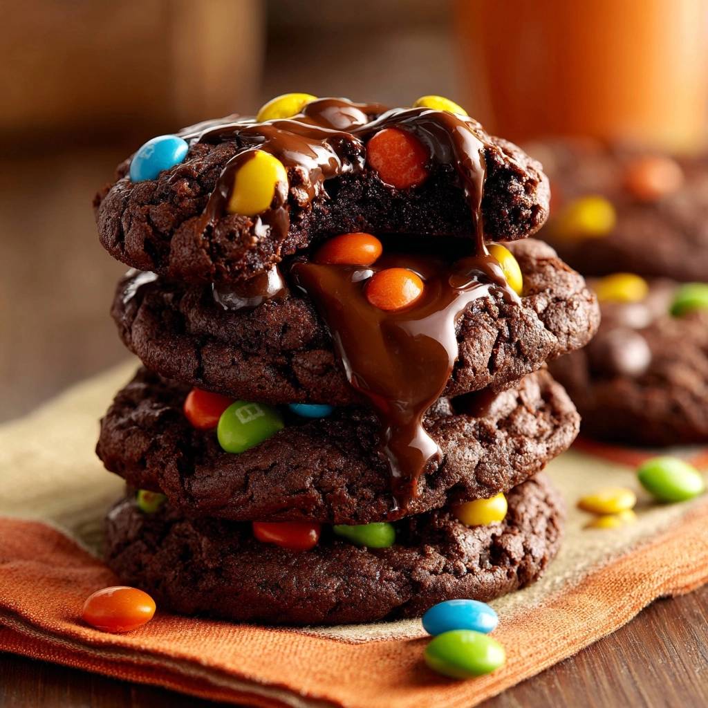 Ultimative Schoko-Linsen-Cookies gestapelt und übergossen mit glänzender Schokoladensauce, gezeigt mit bunter Linsendekoration.
