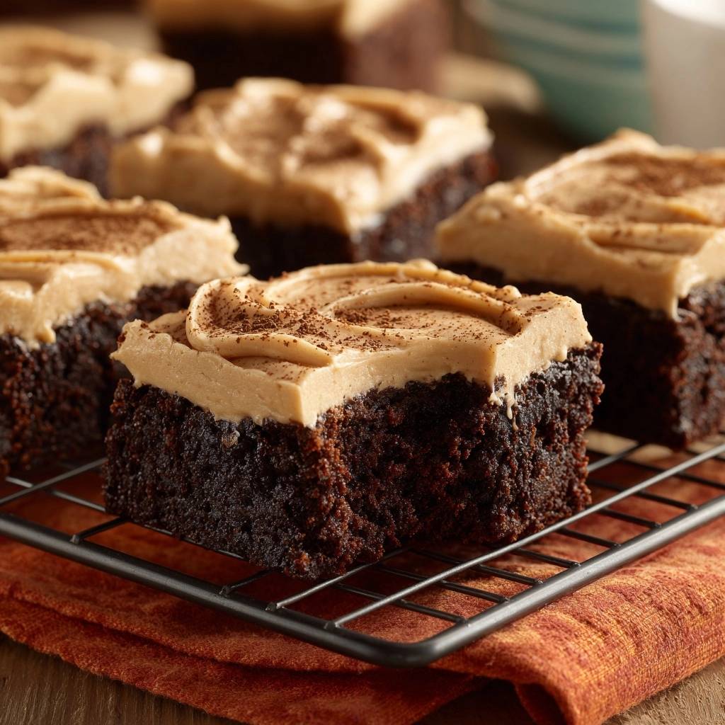 Saftige Schokoladen-Brownies mit Erdnussbutter-Frosting auf einem Gitter, Nahaufnahme des glacierten Toppings.