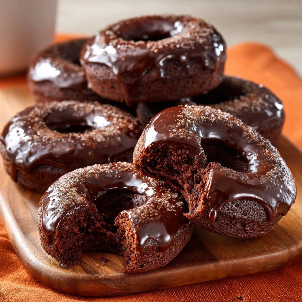 Saftige Schokoladen-Donuts aus dem Ofen, angeschnitten und mit glänzendem Schokoladenguss und Zucker bestreut, zeigen die feine Textur im Inneren.