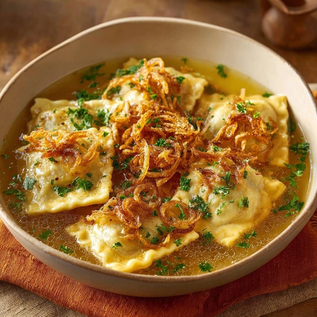 Schwäbische Maultaschen in kräftiger Brühe, garniert mit frischer Petersilie und Röstzwiebeln, serviert in einer Schüssel.