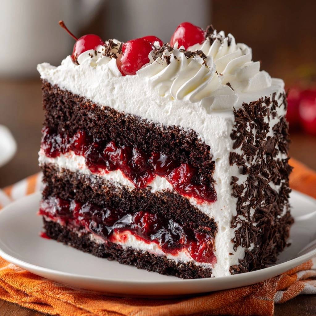 Schwarzwälder Kirschtorte angeschnitten, zeigt eine Nahaufnahme der Schichten aus Schokolade, Kirschen und Sahne.