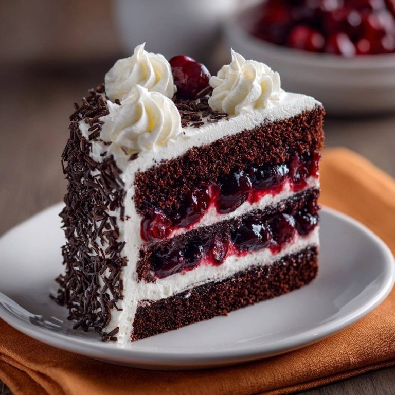 Schwarzwälder Kirschtorte als angeschnittene Portion mit Schokoladenraspeln, Sahne und Kirschen, Nahaufnahme des Kuchens.