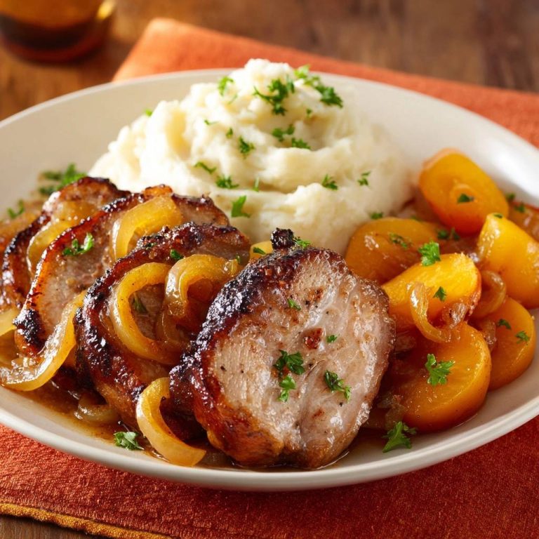 Schweinenackenbraten mit Schmorzwiebeln und Karotten, nahaufnahme einer einzelnen Portion auf einem Teller mit Kartoffelpüree.