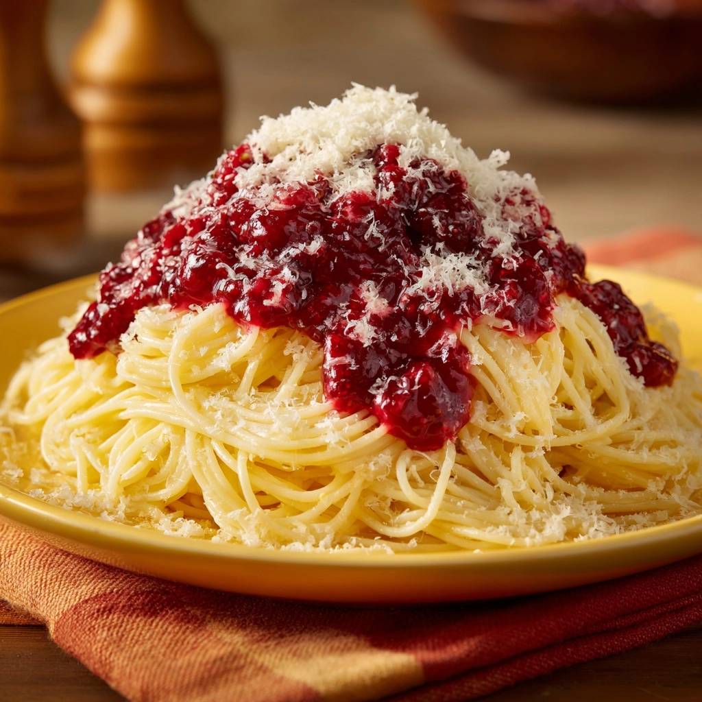 Spaghetti mit fruchtiger Beeren-Bolognese auf einem Teller, garniert mit geriebenem Käse und Beeren.