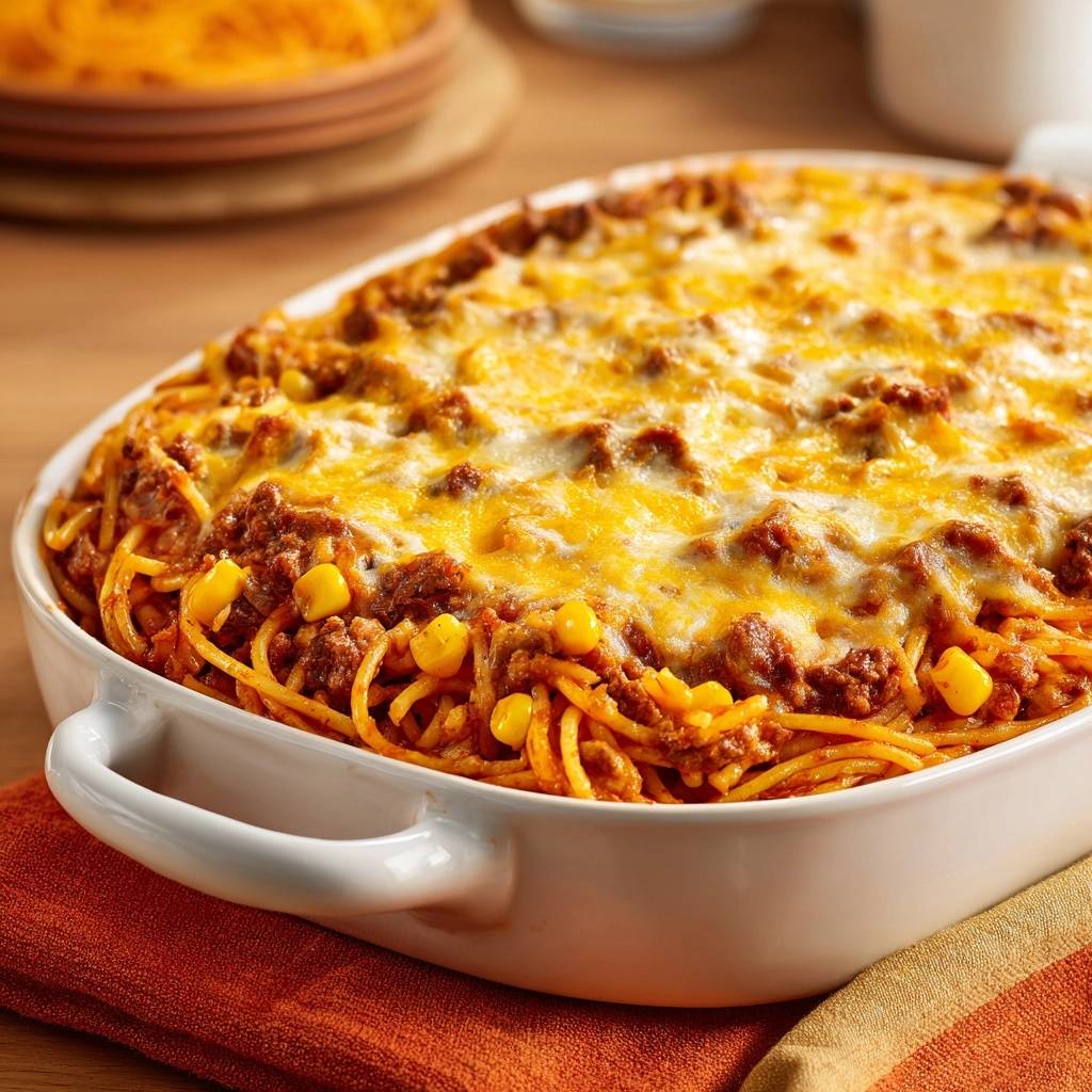 Herzhafter Spaghetti-Mais-Auflauf überbacken mit geschmolzenem Käse in einer weißen Auflaufform, Maiskörner sind sichtbar.
