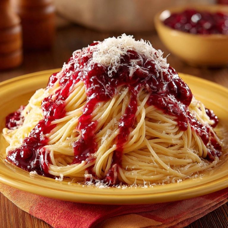 Spaghetti mit fruchtiger Beeren-Bolognese, nahaufnahme des mit Beerensoße und Parmesan garnierten Nudelgerichts auf gelbem Teller.