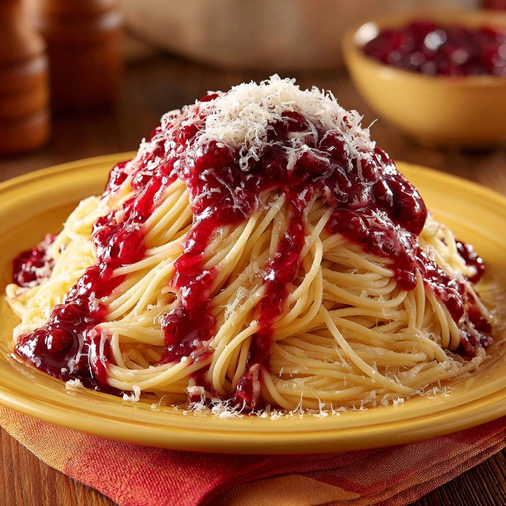 Spaghetti mit fruchtiger Beeren-Bolognese, nahaufnahme des mit Beerensoße und Parmesan garnierten Nudelgerichts auf gelbem Teller.