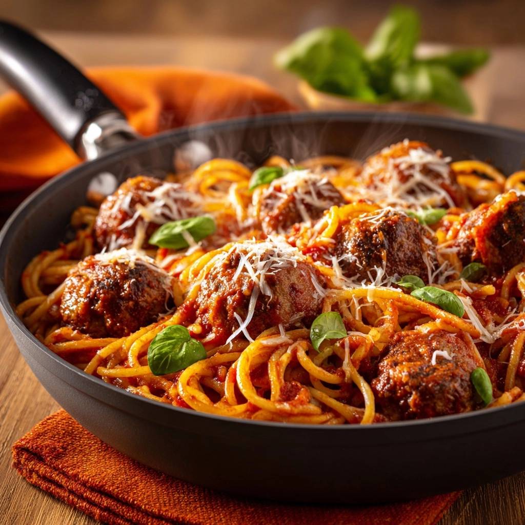 Saftige Spaghetti mit Fleischbällchen frisch aus der Pfanne serviert, mit dampfenden Nudeln und Basilikum garniert.