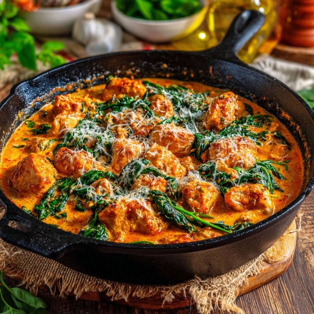 Cremiges Toskana-Hähnchen mit Spinat in einer Gusseisenpfanne, bestreut mit geriebenem Käse.