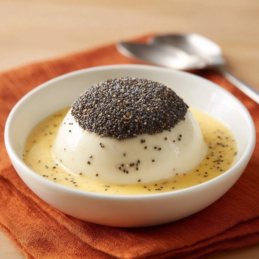 Cremige Vanille-Panna-Cotta mit Mohn-Haube, serviert in einer weißen Schüssel mit Sauce, Nahaufnahme der Textur.