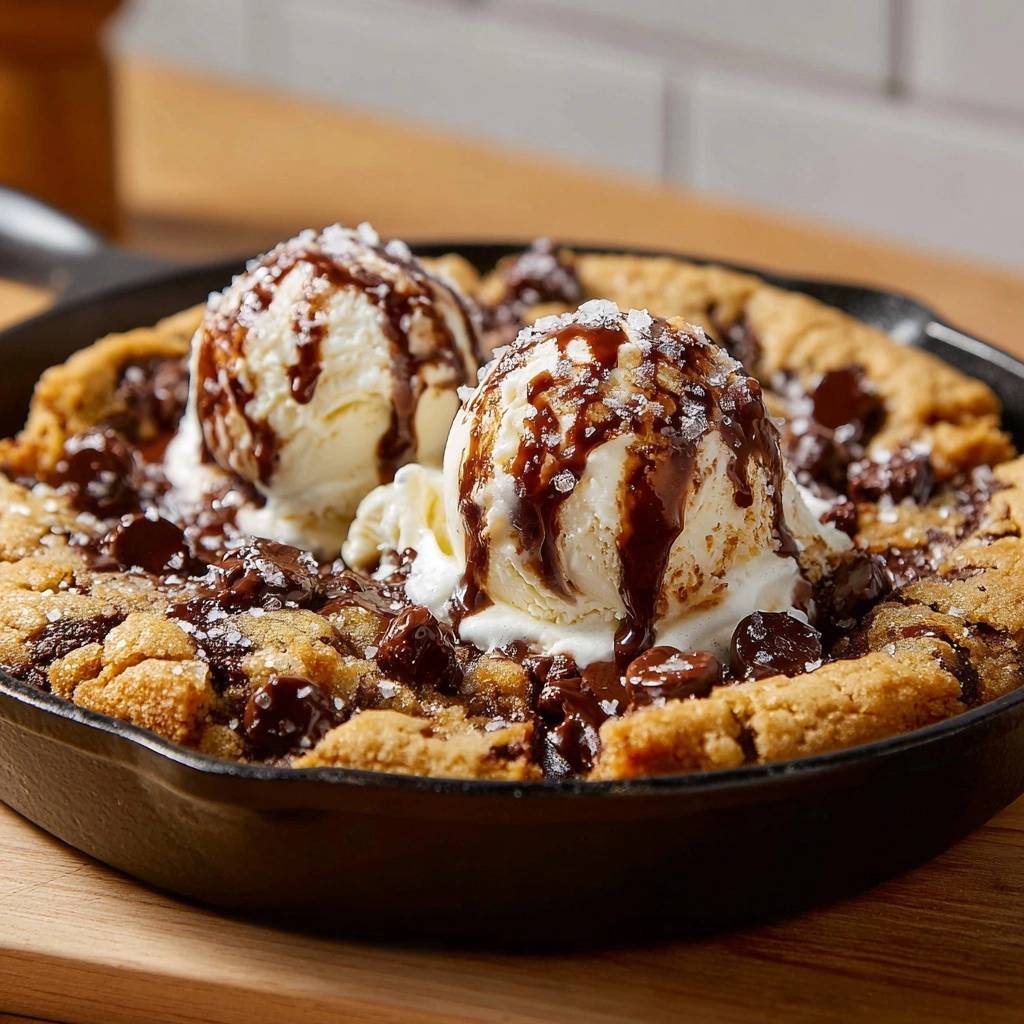 Warmer Pfannen-Cookie mit Schokolade, serviert in einer gusseisernen Pfanne mit zwei Kugeln Eis und Schokoladensauce.