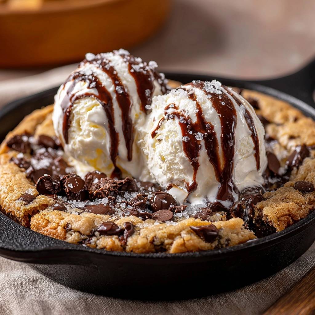 Warmer Pfannen-Cookie mit Schokolade, nahaufnahme mit zwei Kugeln Eis und Schokoladensauce beträufelt.