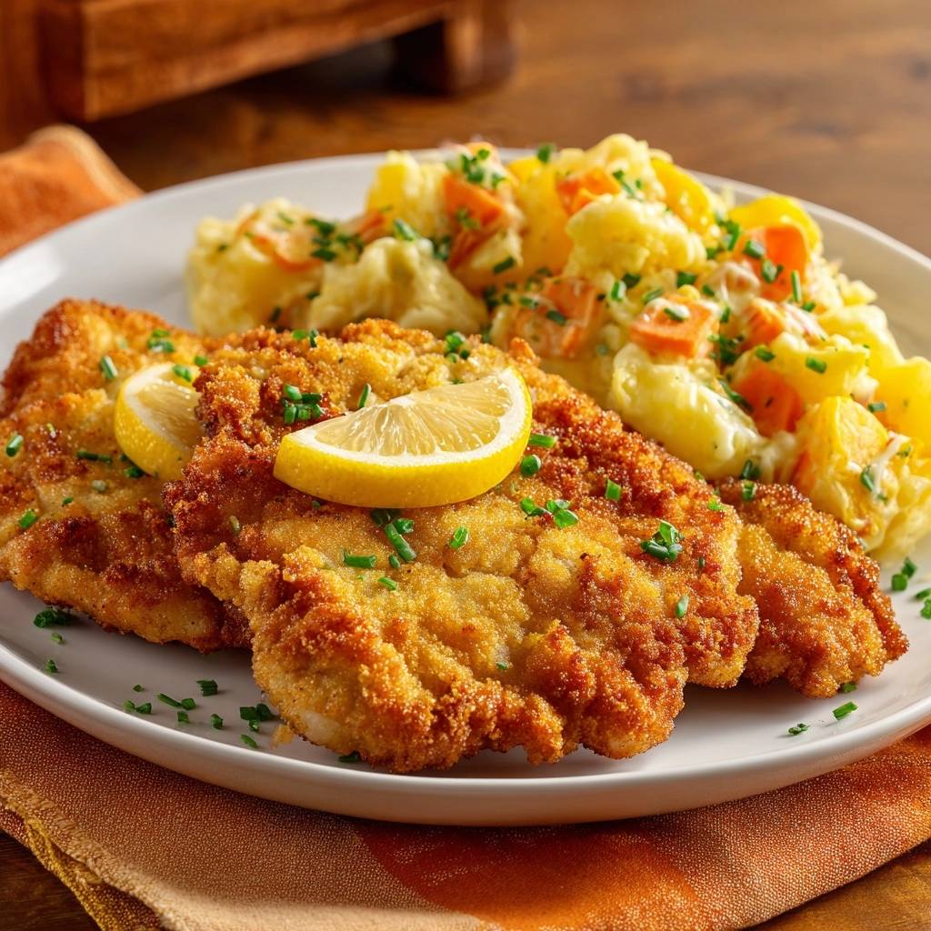 Goldbraunes Wiener Schnitzel mit Kartoffel-Karotten-Salat, garniert mit Zitronenscheiben und Schnittlauch auf einem Teller.
