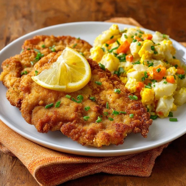Goldbraunes Wiener Schnitzel mit Kartoffel-Karotten-Salat, serviert auf einem Teller mit Zitronenspalte und garniert mit Schnittlauch.