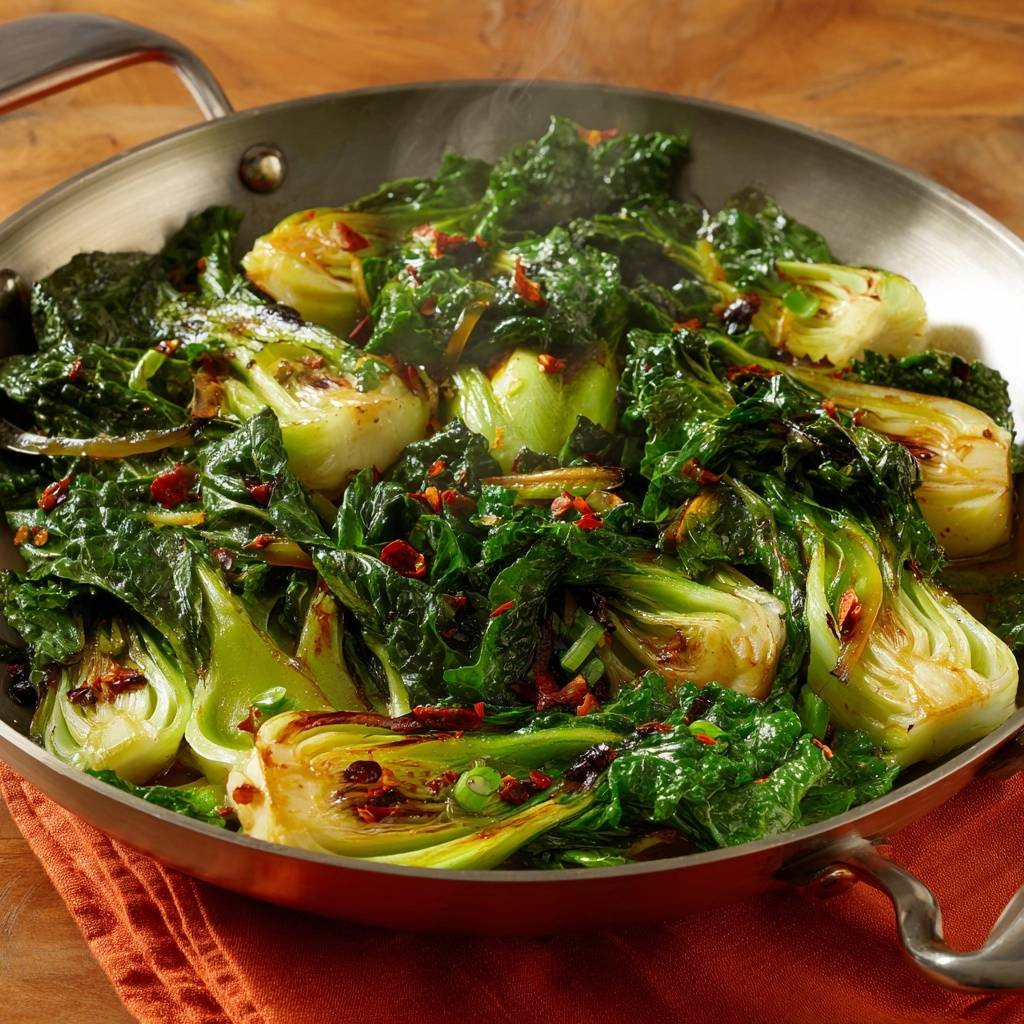 Wok-gebratener Pak Choi mit Chili, dampfend und mit roten Chiliflocken bestreut in einer Pfanne serviert.