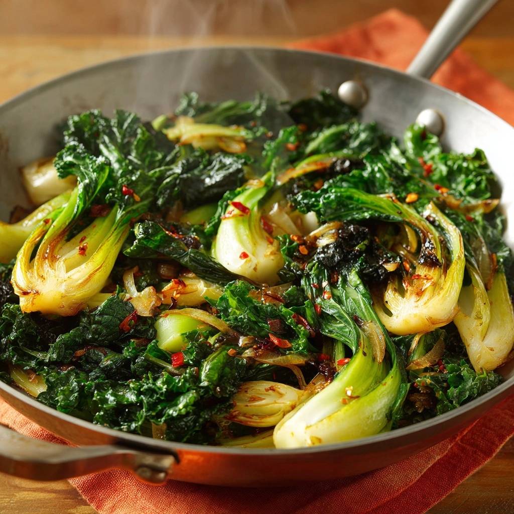 Wok-gebratener Pak Choi mit Chili, der dampfend in einer Pfanne mit roten Chiliflocken zubereitet wird.