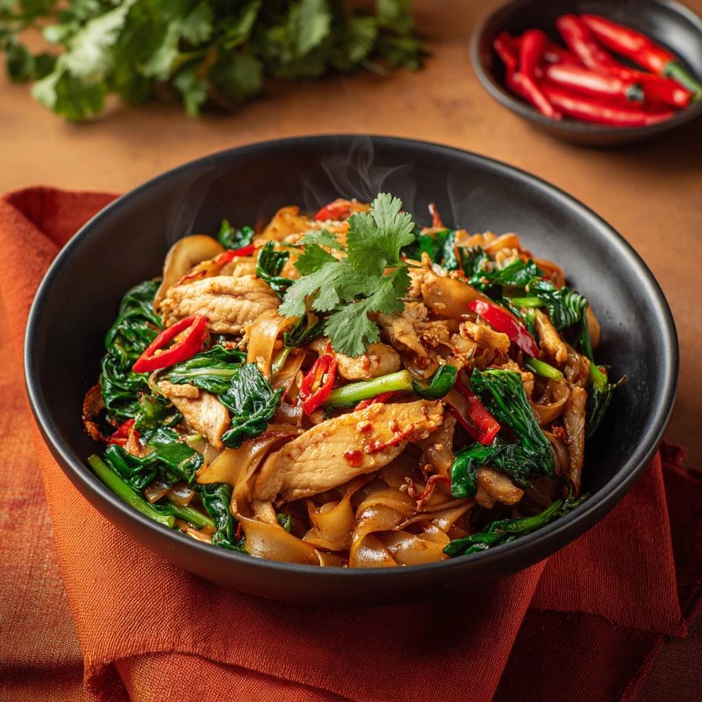 Wok-Nudeln mit Hähnchen und Pak Choi, heiß serviert mit aufsteigendem Dampf und garniert mit Koriander.