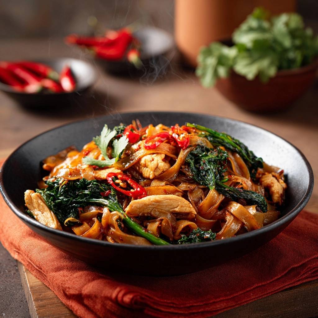 Wok-Nudeln mit Hähnchen und Pak Choi als Nahaufnahme mit Dampf und Chilistücken garniert