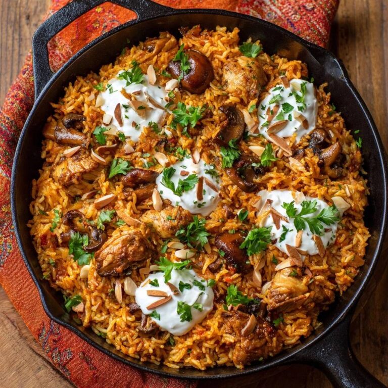 Würzige Hähnchen-Reispfanne mit Pilzen, serviert in einer gusseisernen Pfanne und garniert mit Joghurt und Petersilie.