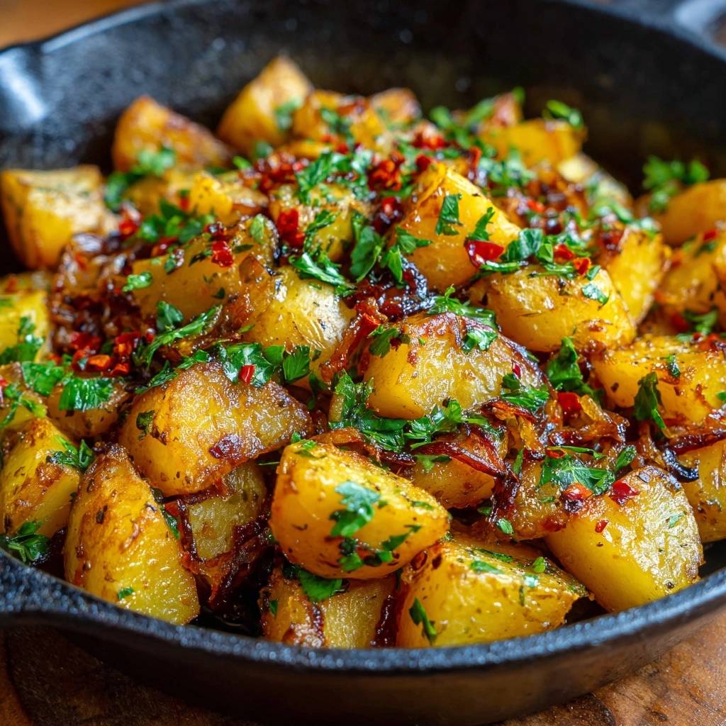 Würzige Pfannenkartoffeln mit Chili werden in einer gusseisernen Pfanne mit frischer Petersilie und Chiliflocken garniert.