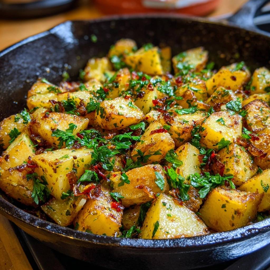 Würzige Pfannenkartoffeln mit Chili, nah aufgenommen und mit frischer Petersilie garniert, zeigen die Textur und Farbe des Gerichts.