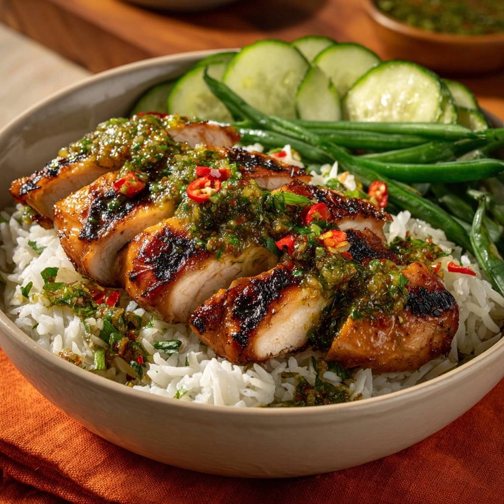 Würziges Chimichurri-Hähnchen auf Kräuterreis, nahaufnahme der geschnittenen Hähnchenbrust mit grüner Chimichurri-Sauce.
