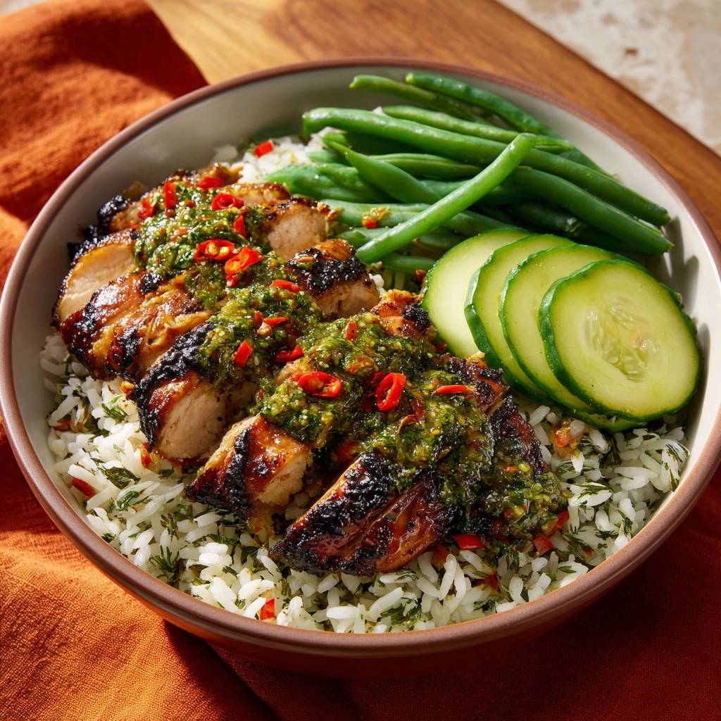Würziges Chimichurri-Hähnchen auf Kräuterreis, eine Nahaufnahme zeigt das saftige Hähnchen mit Chimichurri und frischen Beilagen.