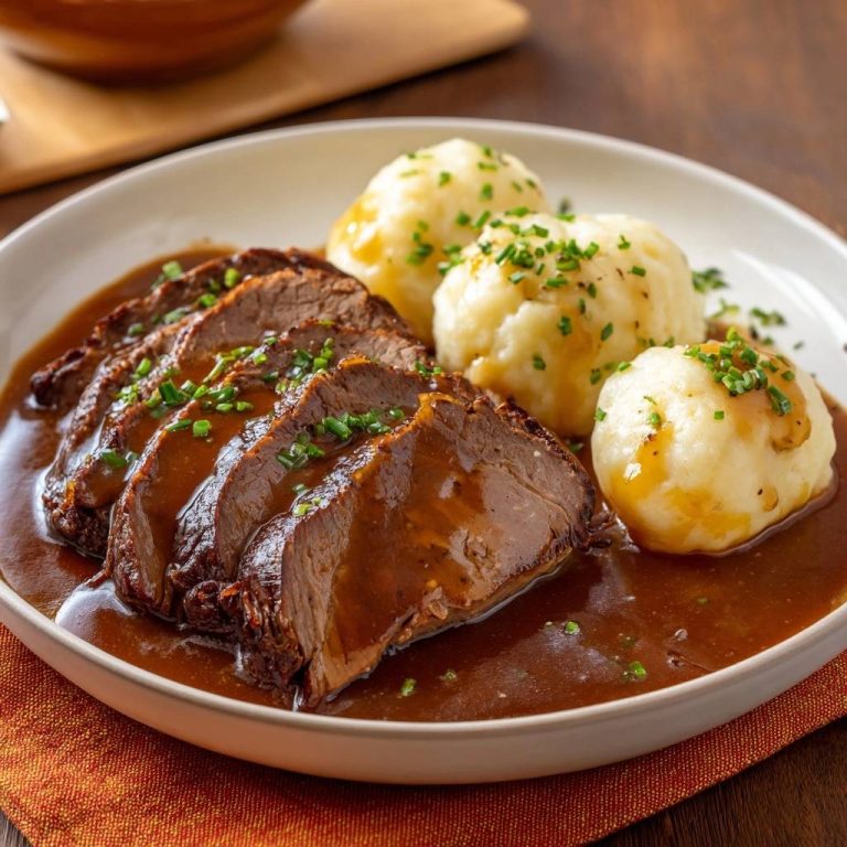 Zarter Rinderbraten mit Kartoffelknödeln, angeschnitten und mit Sauce übergossen, mit frischen Kräutern garniert.