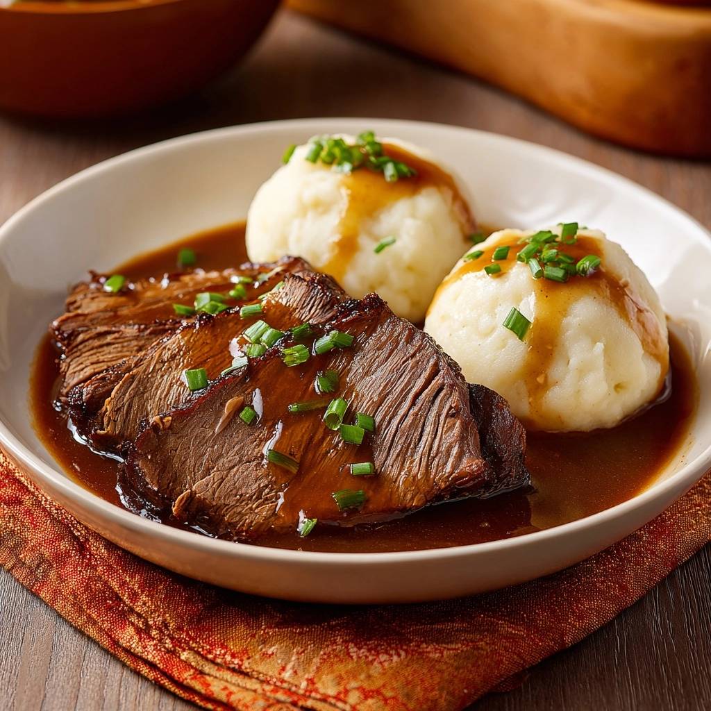 Zarter Rinderbraten mit Kartoffelknödeln, nah aufgenommen und mit frischem Schnittlauch garniert, serviert in einer Schüssel mit Bratensoße.