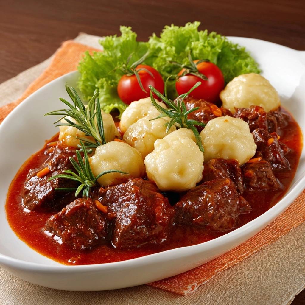 Zartes Rindergulasch mit gebräunten Kartoffelklößchen, serviert mit frischem Rosmarin und Kirschtomaten auf einem Teller.