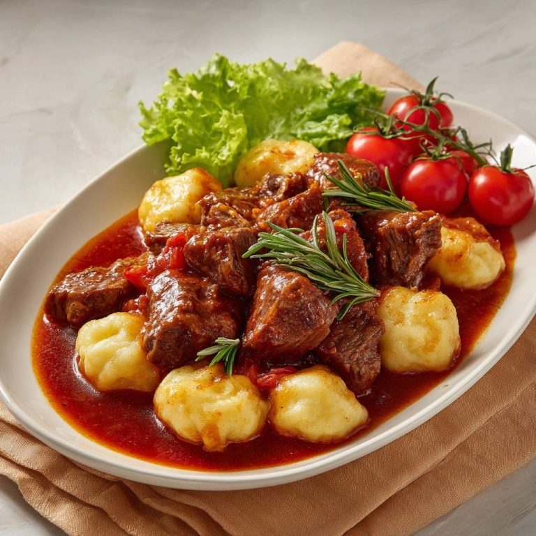 Zartes Rindergulasch mit gebräunten Kartoffelklößchen, serviert auf einem ovalen Teller mit Tomaten und Salat