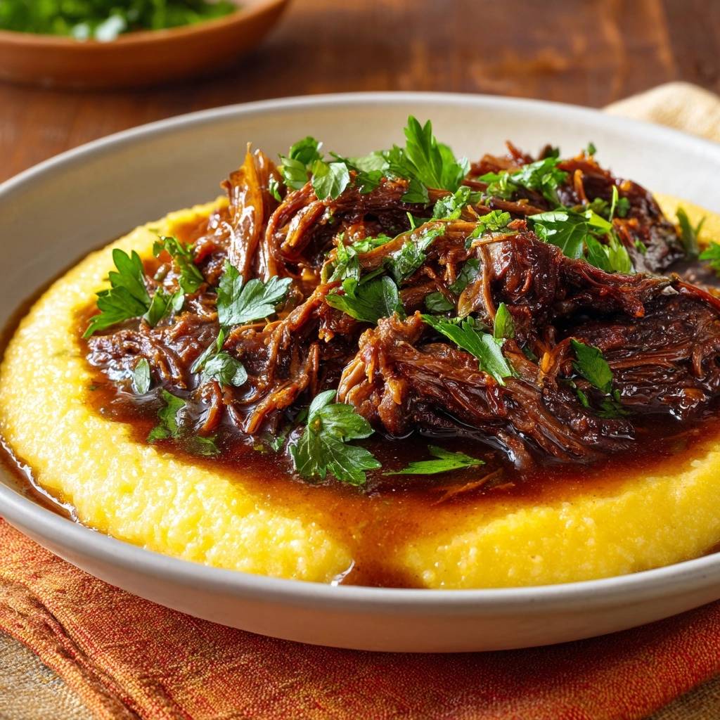 Zartes Schmorrind auf cremiger Polenta, reichlich mit frischer Petersilie garniert und in einer Schüssel serviert.