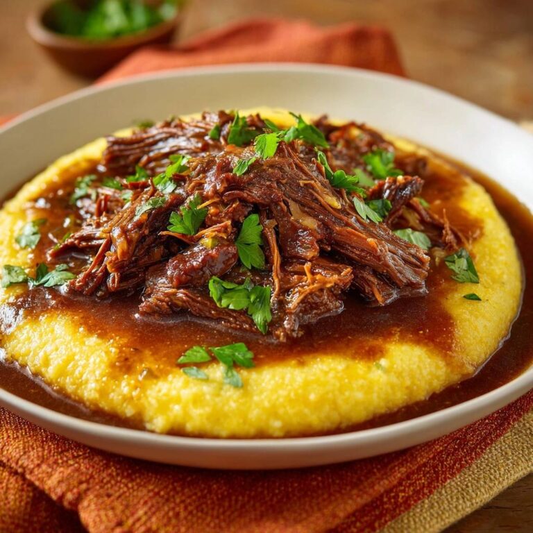 Zartes Schmorrind auf cremiger Polenta, garniert mit frischer Petersilie, im Detail aufgenommen