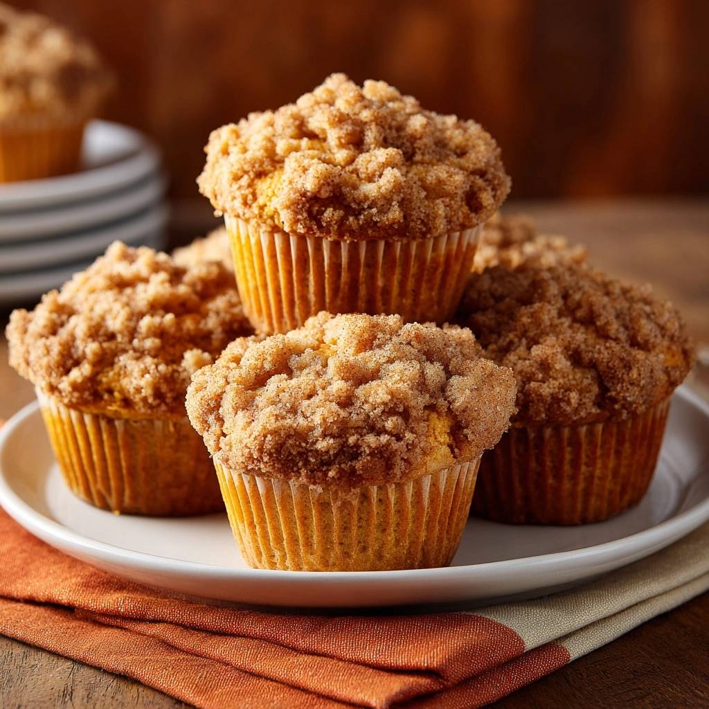 Saftige Zimt-Streusel-Muffins mit einer großzügigen, knusprigen Streuselhaube, appetitlich gestapelt auf einem weißen Teller.
