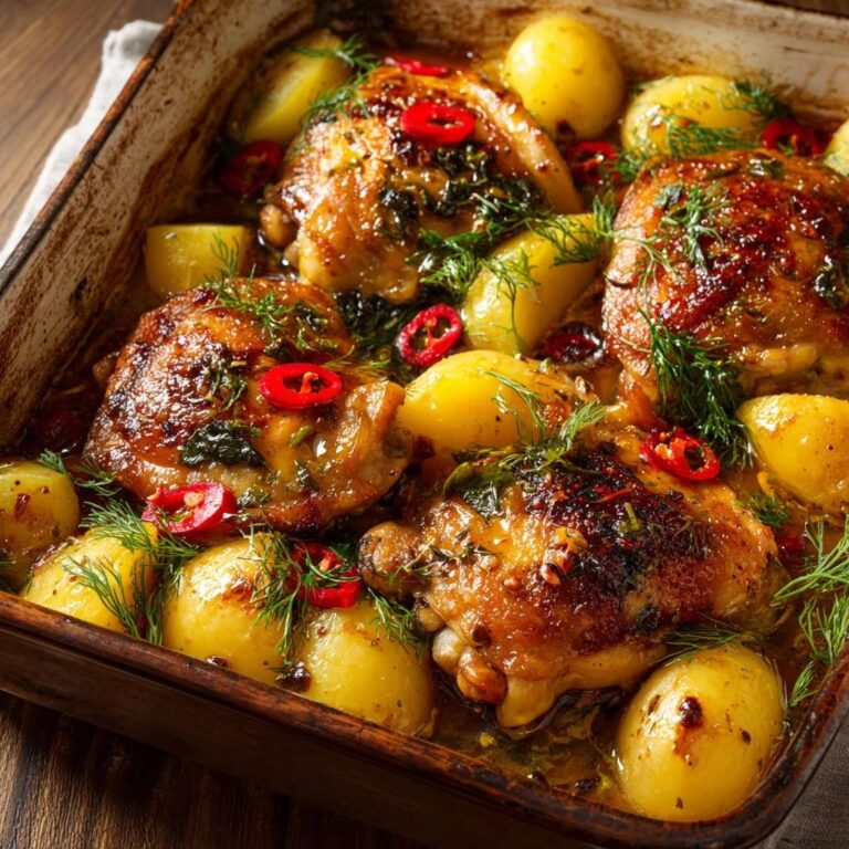 Zitronen-Dill-Hähnchen mit Röstkartoffeln, extra knusprig, garniert mit frischem Dill und Chilischeiben.