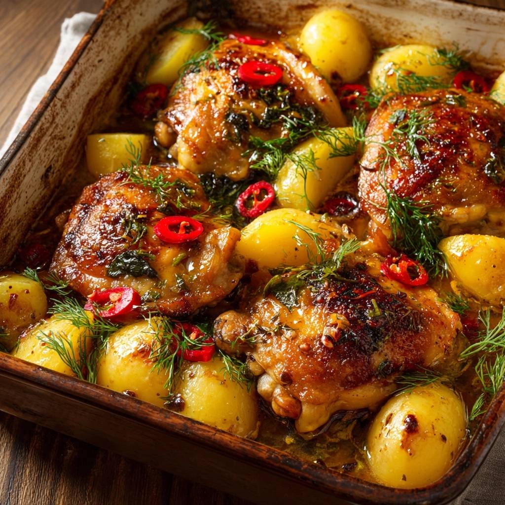 Zitronen-Dill-Hähnchen mit Röstkartoffeln, extra knusprig, garniert mit frischem Dill und Chilischeiben.