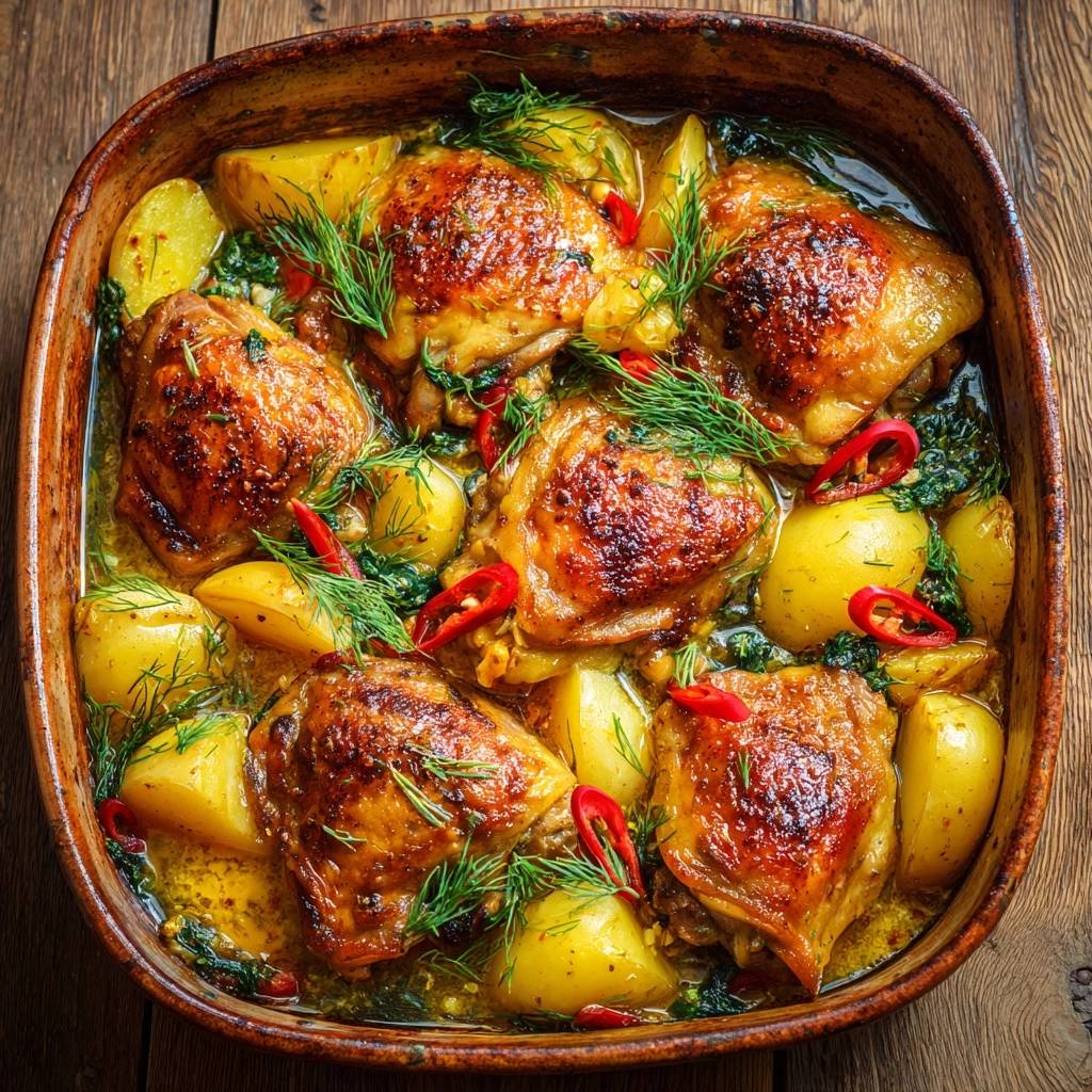 Zitronen-Dill-Hähnchen mit Röstkartoffeln, extra knusprig, in einer Auflaufform von oben betrachtet mit Dill und Chili garniert.