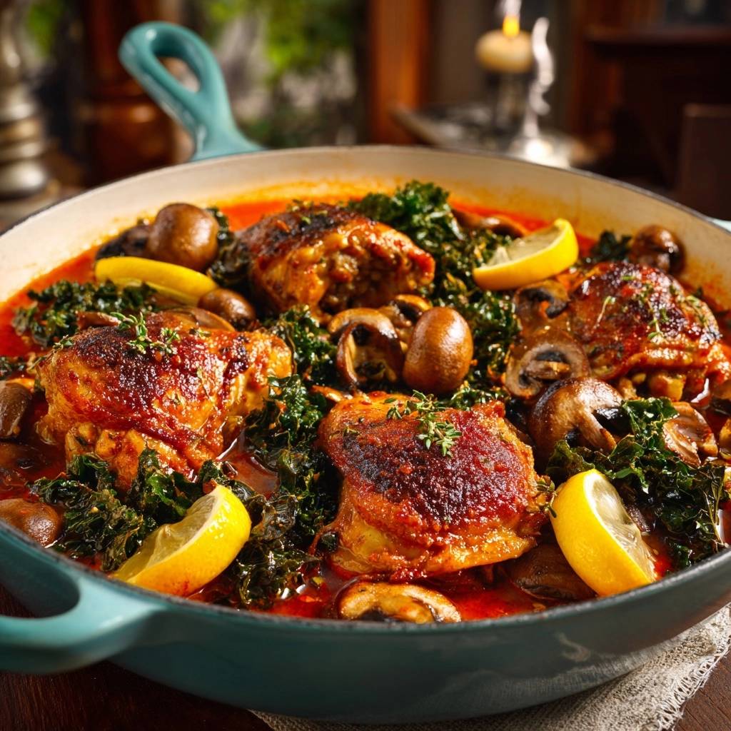 Zitronen-Hähnchen mit Pilzen und Grünkohl, eine Nahaufnahme der knusprigen Hähnchenteile mit Champignons und Zitrone in einer Pfanne.