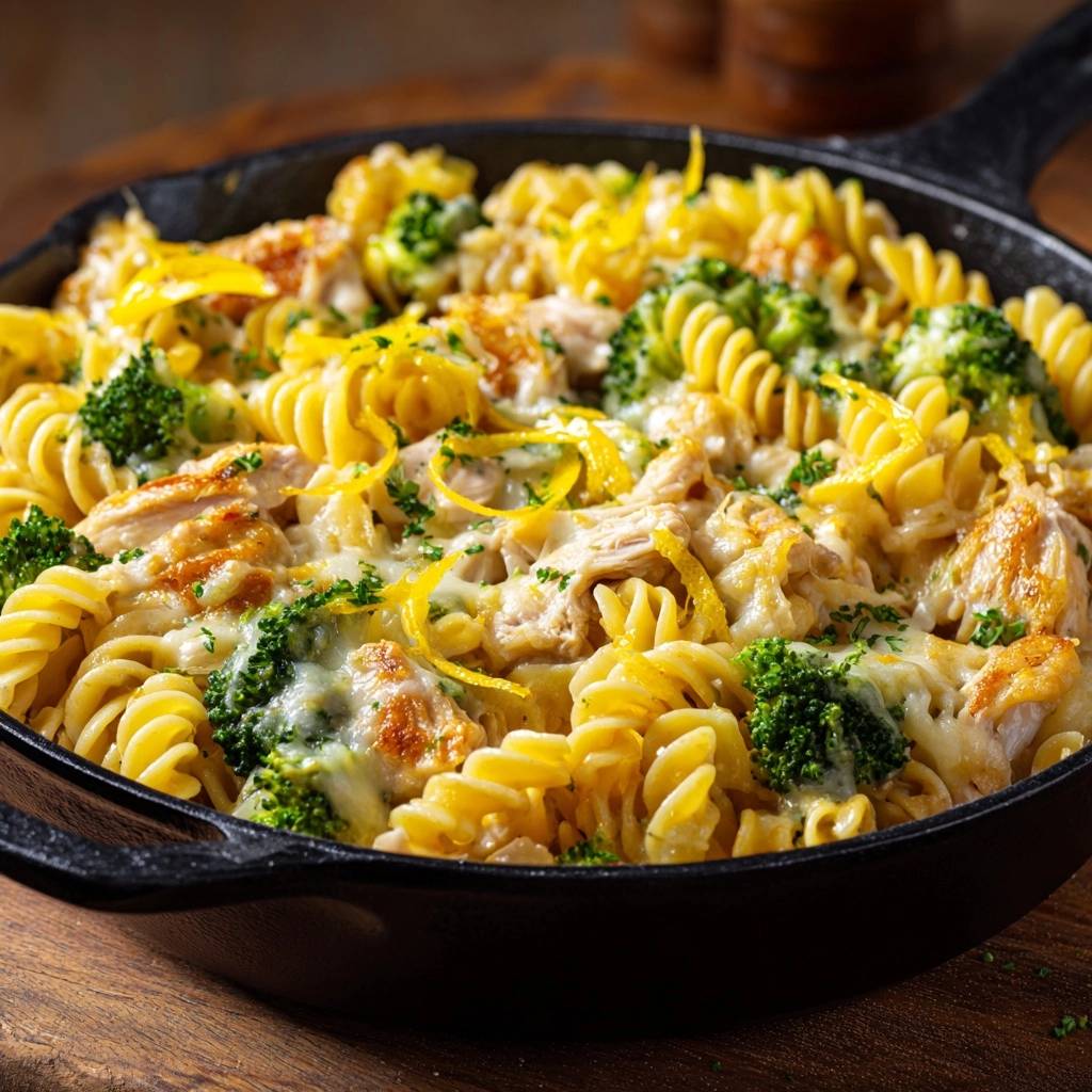 Zitronen-Hähnchen-Pasta mit Brokkoli, serviert in einer gusseisernen Pfanne mit geschmolzenem Käse und Zitronenzesten.