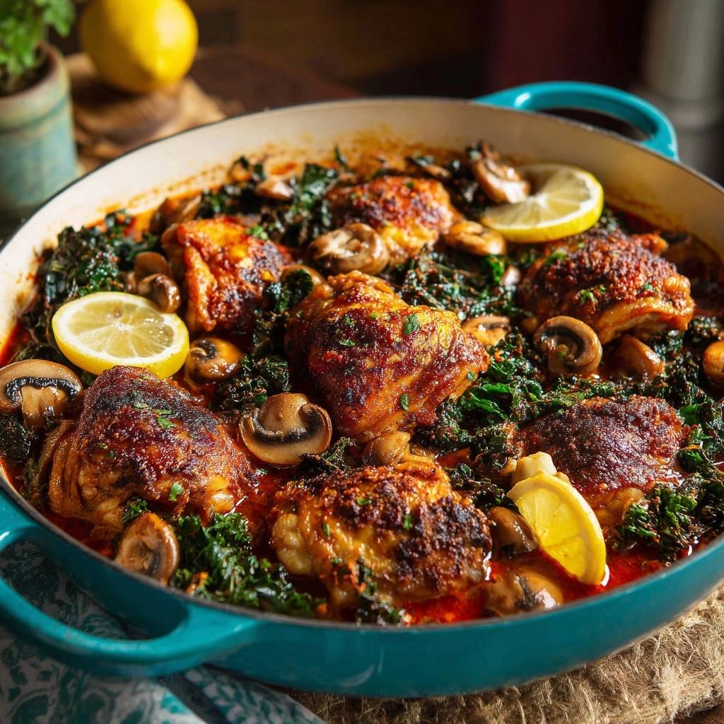 Zitronen-Hähnchen mit Pilzen und Grünkohl, extra knusprig, in einer Pfanne mit Zitronenscheiben und Pilzen, Nahaufnahme.